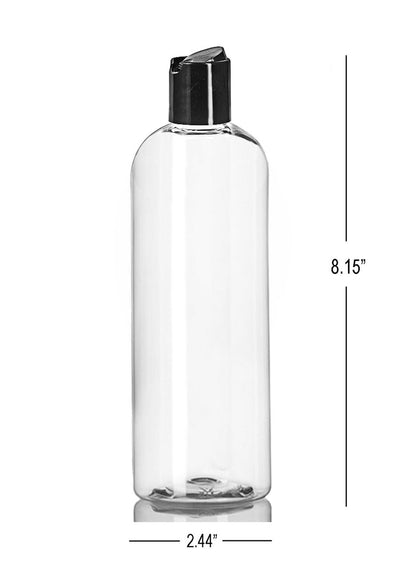 16 oz Clear Plastic Empty Bottles with Black Disc Top Caps - Squeezable Refillable Containers for Shampoo, Lotions, Cream - Pack of 2, BPA Free, Made in USA