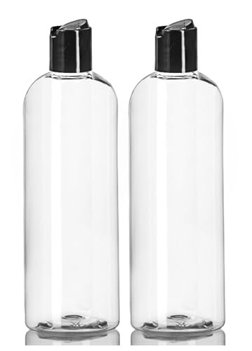16 oz Clear Plastic Empty Bottles with Black Disc Top Caps - Squeezable Refillable Containers for Shampoo, Lotions, Cream - Pack of 2, BPA Free, Made in USA