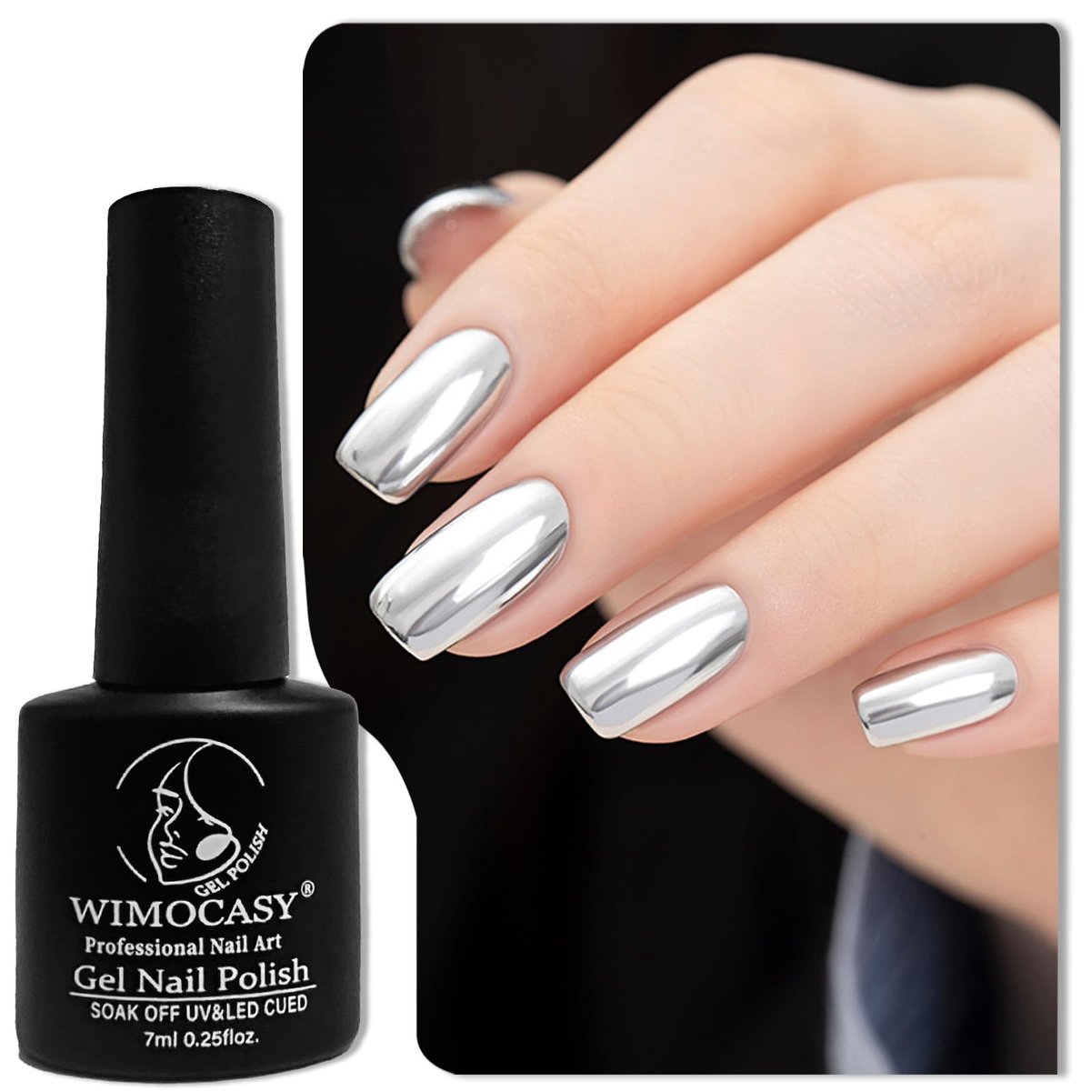 Wimocacy Metallic Gel Nail Polish – Silver Chrome, 0.25 Fl Oz – 3D Metal Glossy Mirror Effect for Salon & Home DIY - görsel 1