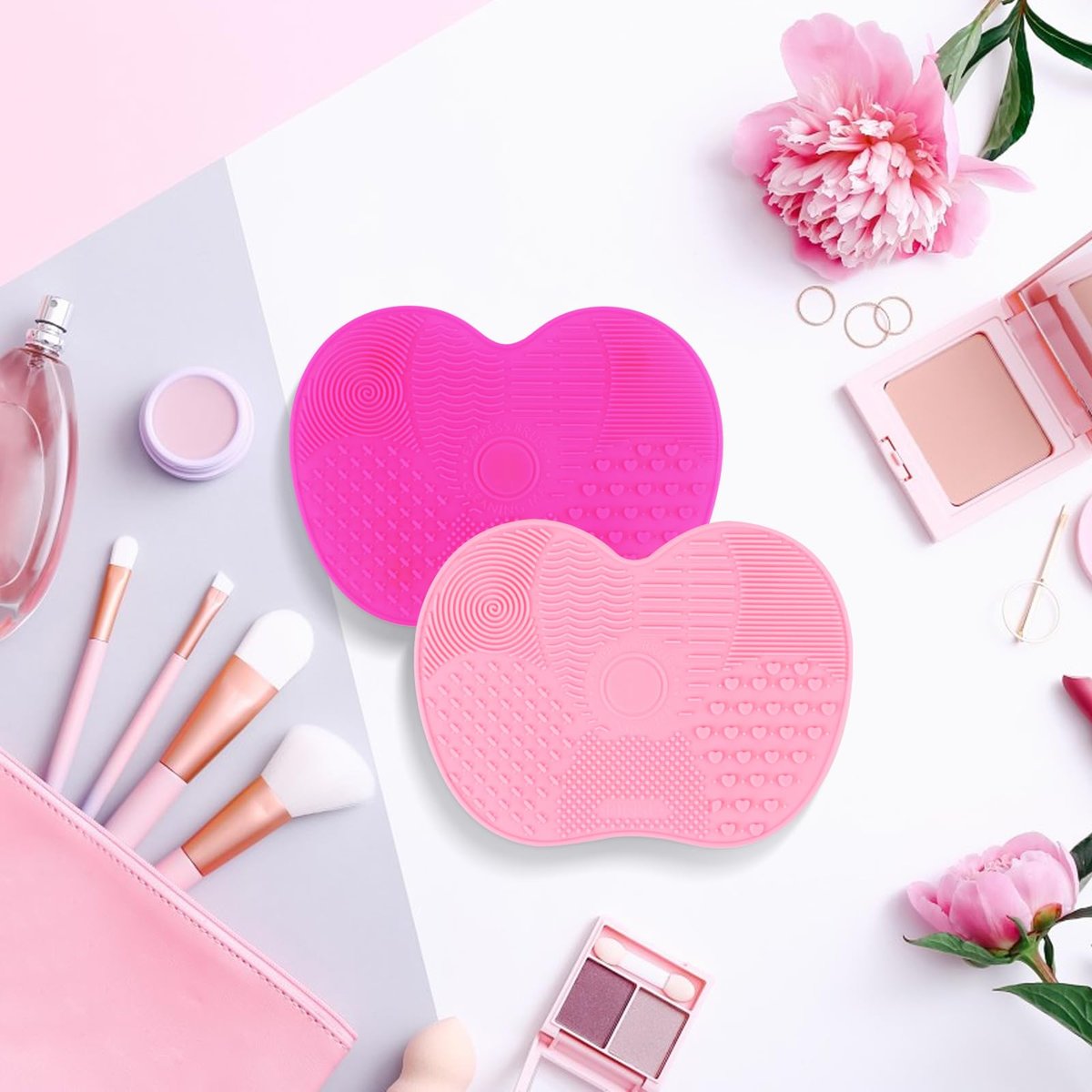 2 Pcs Silicone Makeup Brush Cleaning Mat | Portable Cosmetic Cleaning Pads with Suction Cup - Red/Pink - görsel 13