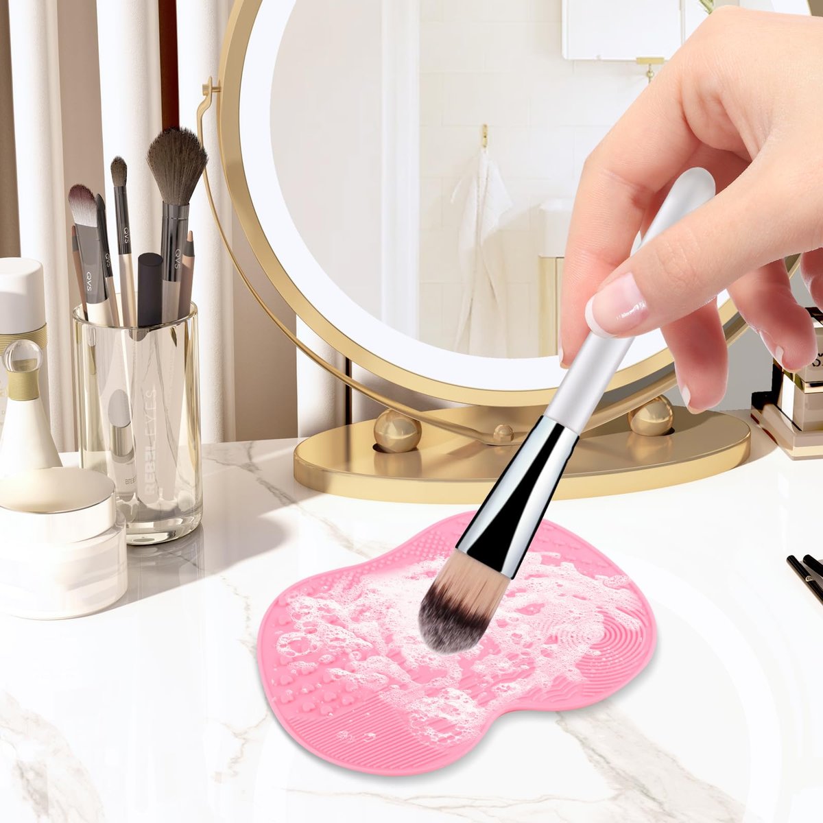 2 Pcs Silicone Makeup Brush Cleaning Mat | Portable Cosmetic Cleaning Pads with Suction Cup - Red/Pink - görsel 7