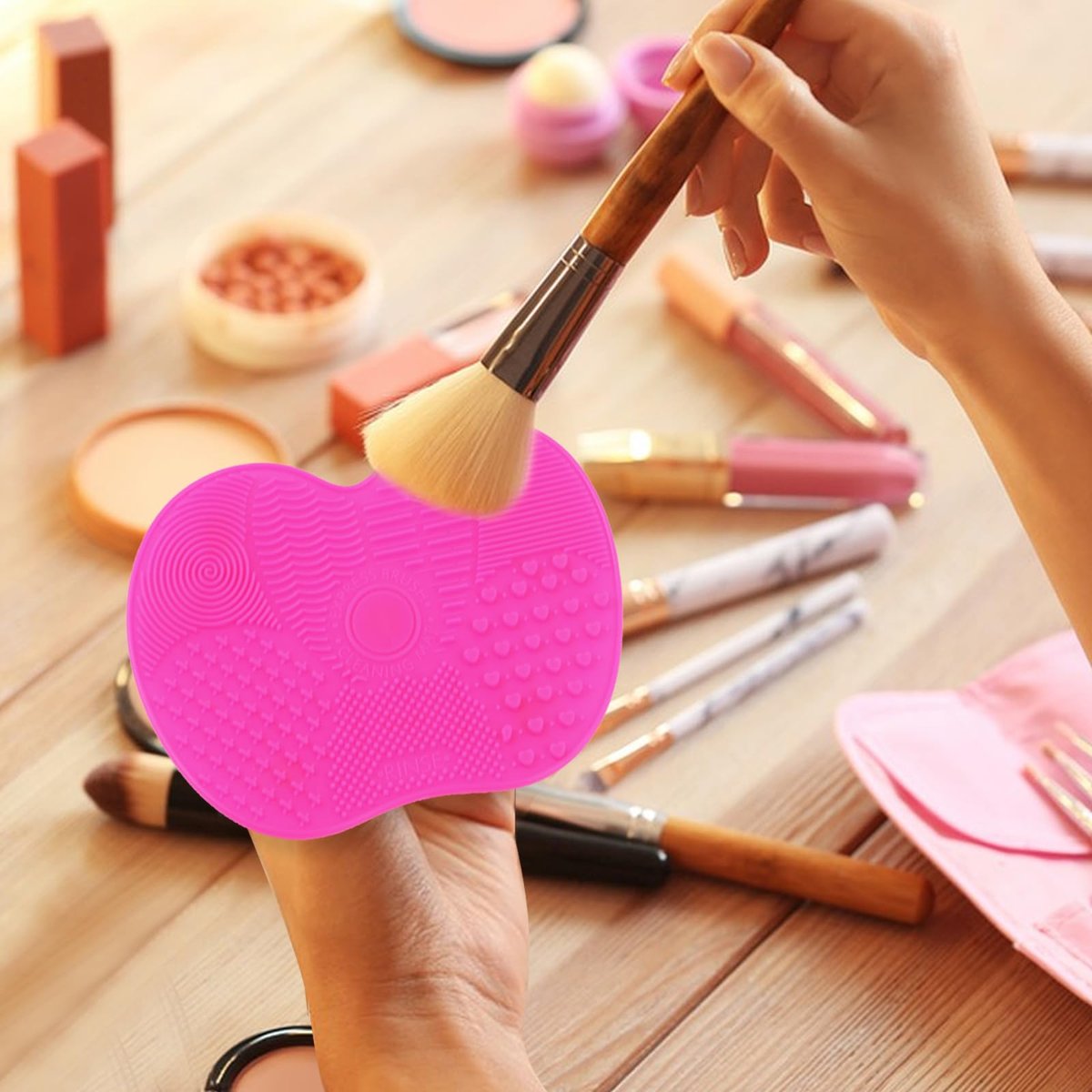 2 Pcs Silicone Makeup Brush Cleaning Mat | Portable Cosmetic Cleaning Pads with Suction Cup - Red/Pink - görsel 9