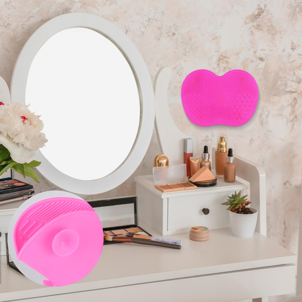 2 Pcs Silicone Makeup Brush Cleaning Mat | Portable Cosmetic Cleaning Pads with Suction Cup - Red/Pink - görsel 11