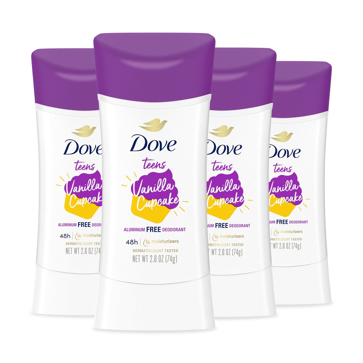 Dove Teens Deodorant Stick Vanilla Cupcake 4 Count – 48-Hour Protection Without Aluminum, 2.6 oz Each Avelisse