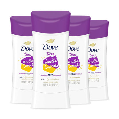 Dove Teens Deodorant Stick Vanilla Cupcake 4 Count – 48-Hour Protection Without Aluminum, 2.6 oz Each Avelisse
