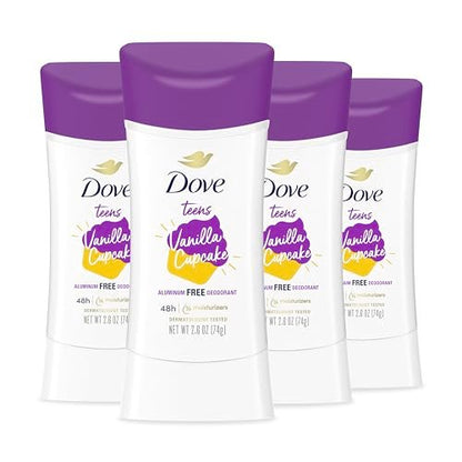 Dove Teens Deodorant Stick Vanilla Cupcake 4 Count – 48-Hour Protection Without Aluminum, 2.6 oz Each Avelisse