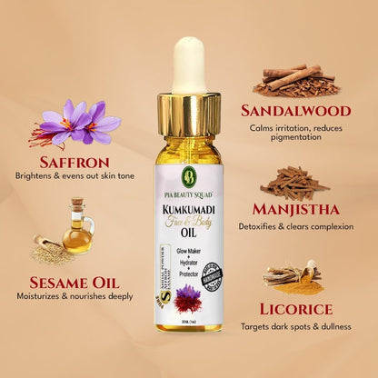 Pia Beauty Squad Kumkumadi Tailam Ayurvedic Face Oil – Dark Spots Treatment, Pigmentation & Dry Skin Remedy – Saffron Infused Facial Oil – 30ml