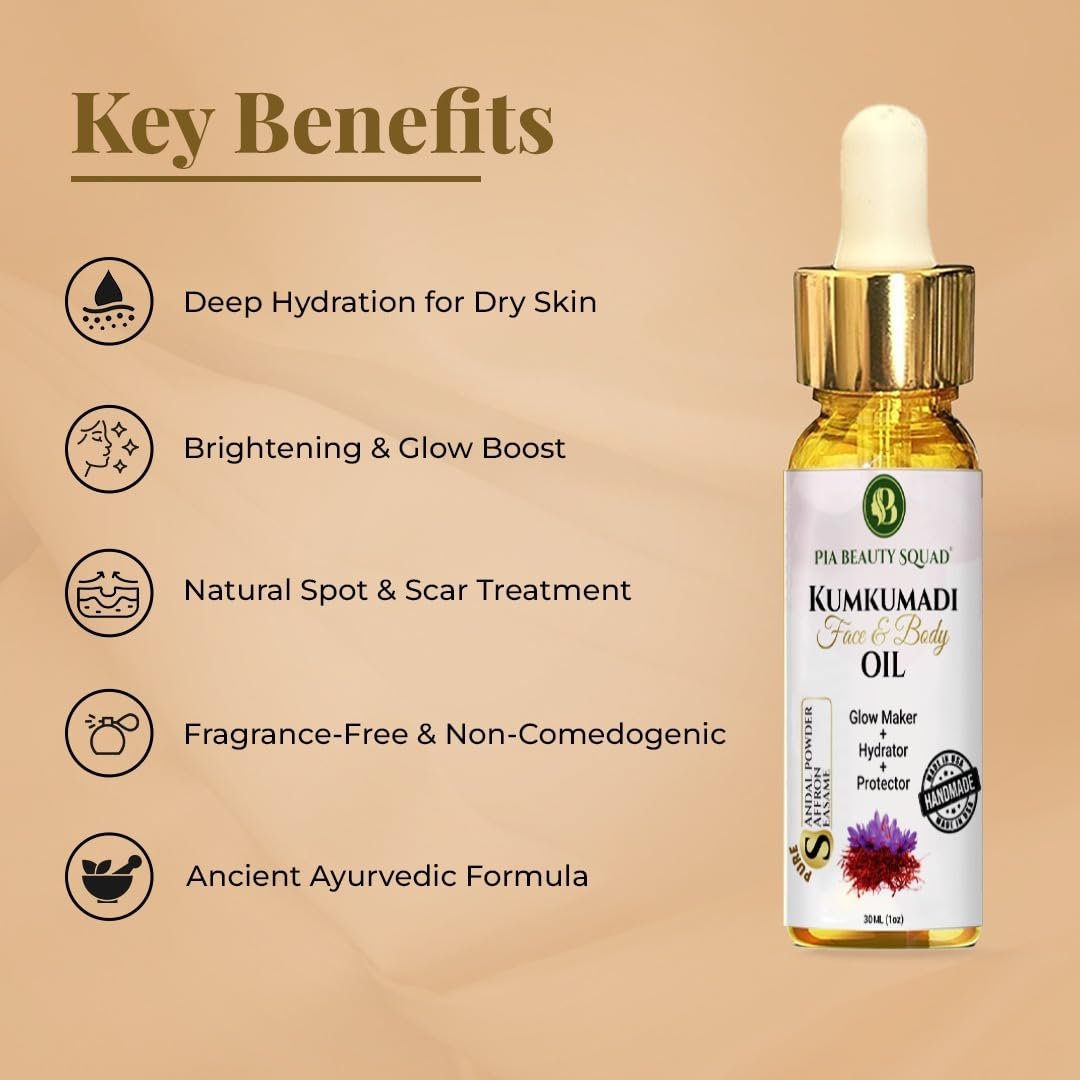 Pia Beauty Squad Kumkumadi Tailam Ayurvedic Face Oil – Dark Spots Treatment, Pigmentation & Dry Skin Remedy – Saffron Infused Facial Oil – 30ml - görsel 2