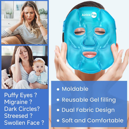 AiricePac Cooling Ice Face Mask & Gel Eye Mask for Puffy Eyes, Migraine Relief, Eye Surgery Recovery, Dark Circles, Headaches – Reusable Plush Mask Set (Eye & Face, 2 Pack)