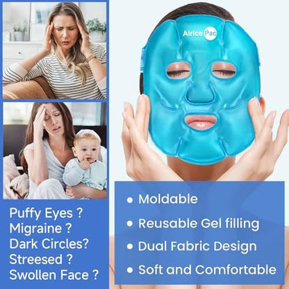 AiricePac Cooling Ice Face Mask & Gel Eye Mask for Puffy Eyes, Migraine Relief, Eye Surgery Recovery, Dark Circles, Headaches – Reusable Plush Mask Set (Eye & Face, 2 Pack)