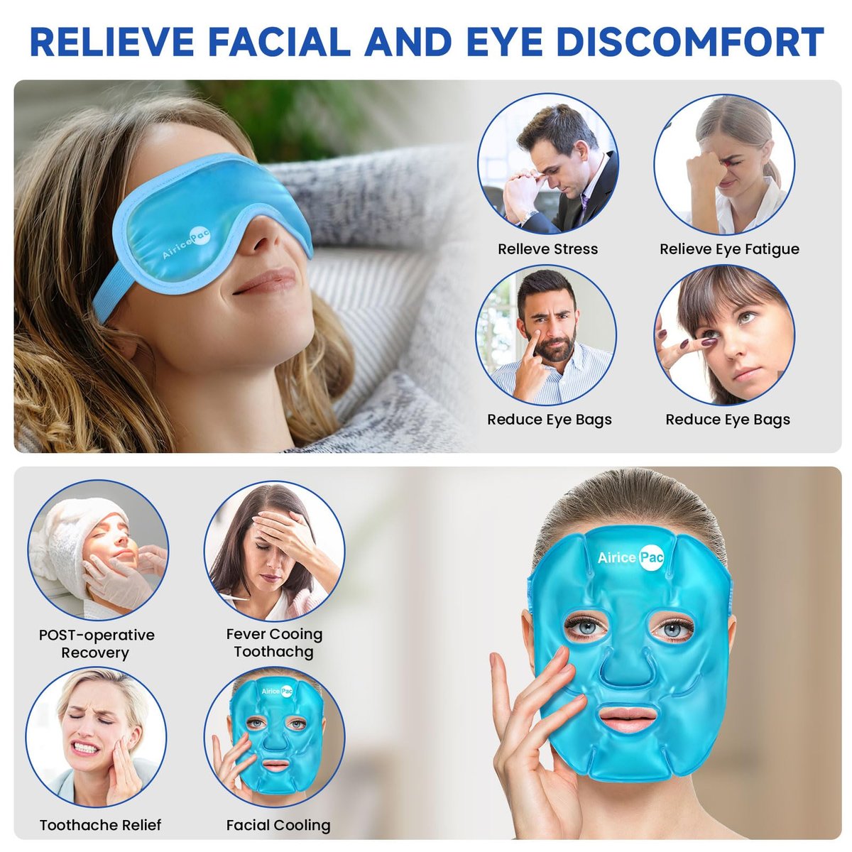 AiricePac Cooling Ice Face Mask & Gel Eye Mask for Puffy Eyes, Migraine Relief, Eye Surgery Recovery, Dark Circles, Headaches – Reusable Plush Mask Set (Eye & Face, 2 Pack) - görsel 5