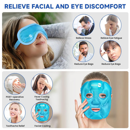 AiricePac Cooling Ice Face Mask & Gel Eye Mask for Puffy Eyes, Migraine Relief, Eye Surgery Recovery, Dark Circles, Headaches – Reusable Plush Mask Set (Eye & Face, 2 Pack)