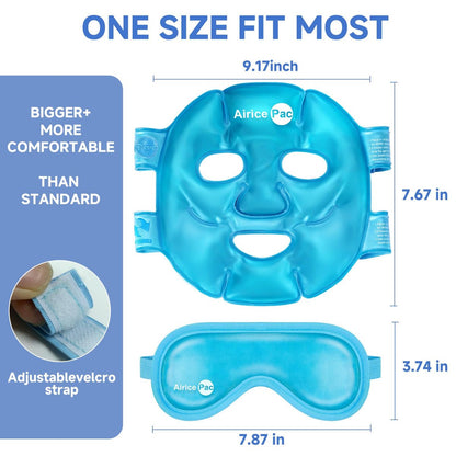 AiricePac Cooling Ice Face Mask & Gel Eye Mask for Puffy Eyes, Migraine Relief, Eye Surgery Recovery, Dark Circles, Headaches – Reusable Plush Mask Set (Eye & Face, 2 Pack)
