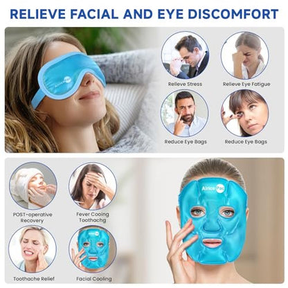 AiricePac Cooling Ice Face Mask & Gel Eye Mask for Puffy Eyes, Migraine Relief, Eye Surgery Recovery, Dark Circles, Headaches – Reusable Plush Mask Set (Eye & Face, 2 Pack)