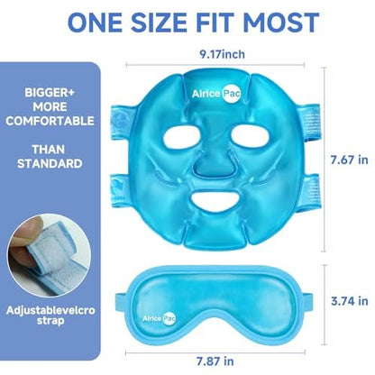 AiricePac Cooling Ice Face Mask & Gel Eye Mask for Puffy Eyes, Migraine Relief, Eye Surgery Recovery, Dark Circles, Headaches – Reusable Plush Mask Set (Eye & Face, 2 Pack)