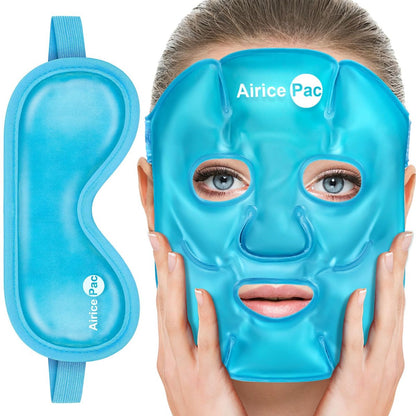 AiricePac Cooling Ice Face Mask & Gel Eye Mask for Puffy Eyes, Migraine Relief, Eye Surgery Recovery, Dark Circles, Headaches – Reusable Plush Mask Set (Eye & Face, 2 Pack)