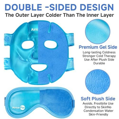 AiricePac Cooling Ice Face Mask & Gel Eye Mask for Puffy Eyes, Migraine Relief, Eye Surgery Recovery, Dark Circles, Headaches – Reusable Plush Mask Set (Eye & Face, 2 Pack)