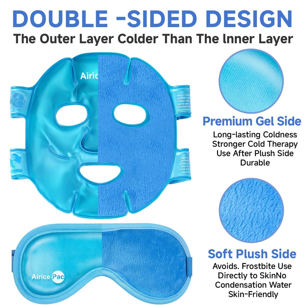 AiricePac Cooling Ice Face Mask & Gel Eye Mask for Puffy Eyes, Migraine Relief, Eye Surgery Recovery, Dark Circles, Headaches – Reusable Plush Mask Set (Eye & Face, 2 Pack) - görsel 3
