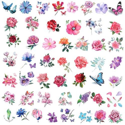 50 PCS 3D Flower Temporary Tattoos for Women | Realistic Rose, Peony, Lavender, Butterfly Waterproof Body Art Stickers