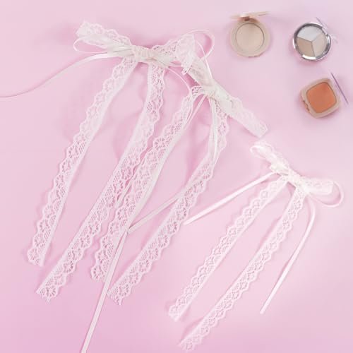 Elegant White Lace Hair Bow with Long Tail - Coquette Hair Ribbon for Women (Pair) - görsel 8