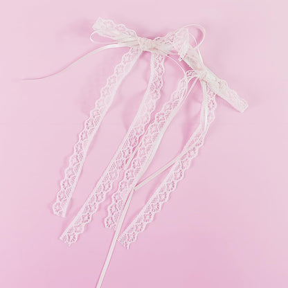 Elegant White Lace Hair Bow with Long Tail - Coquette Hair Ribbon for Women (Pair)
