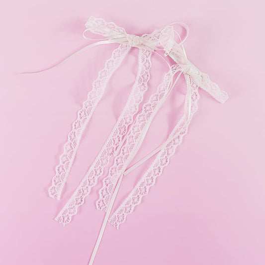 Elegant White Lace Hair Bow with Long Tail - Coquette Hair Ribbon for Women (Pair)