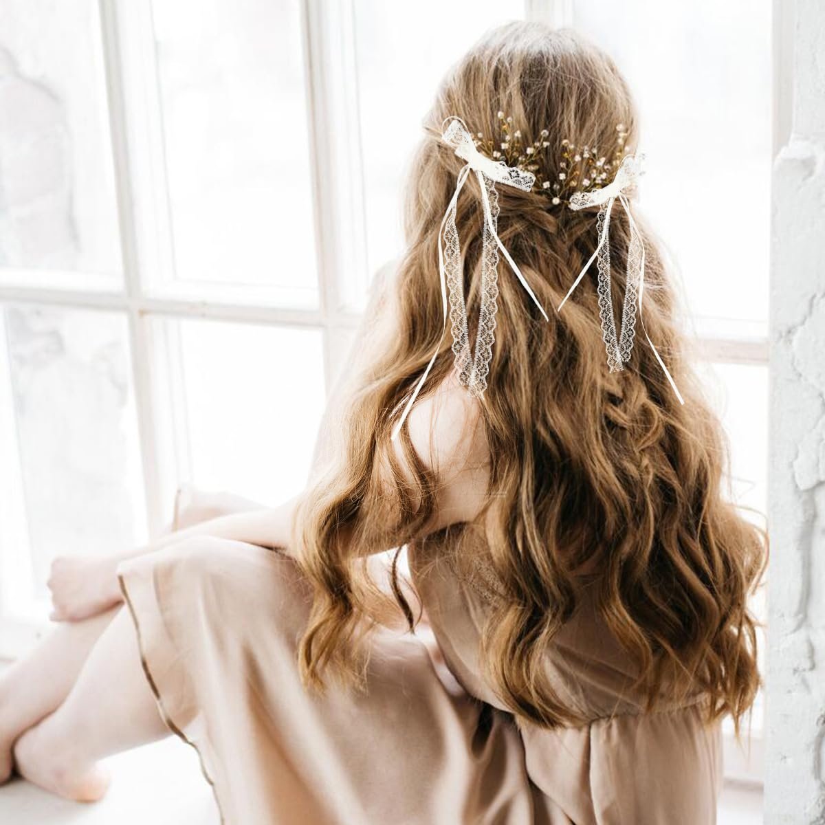 Elegant White Lace Hair Bow with Long Tail - Coquette Hair Ribbon for Women (Pair) - görsel 9