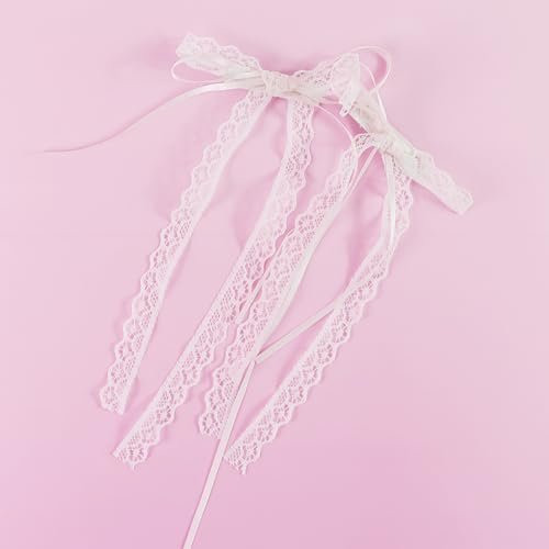 Elegant White Lace Hair Bow with Long Tail - Coquette Hair Ribbon for Women (Pair) - görsel 2