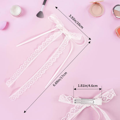 Elegant White Lace Hair Bow with Long Tail - Coquette Hair Ribbon for Women (Pair)