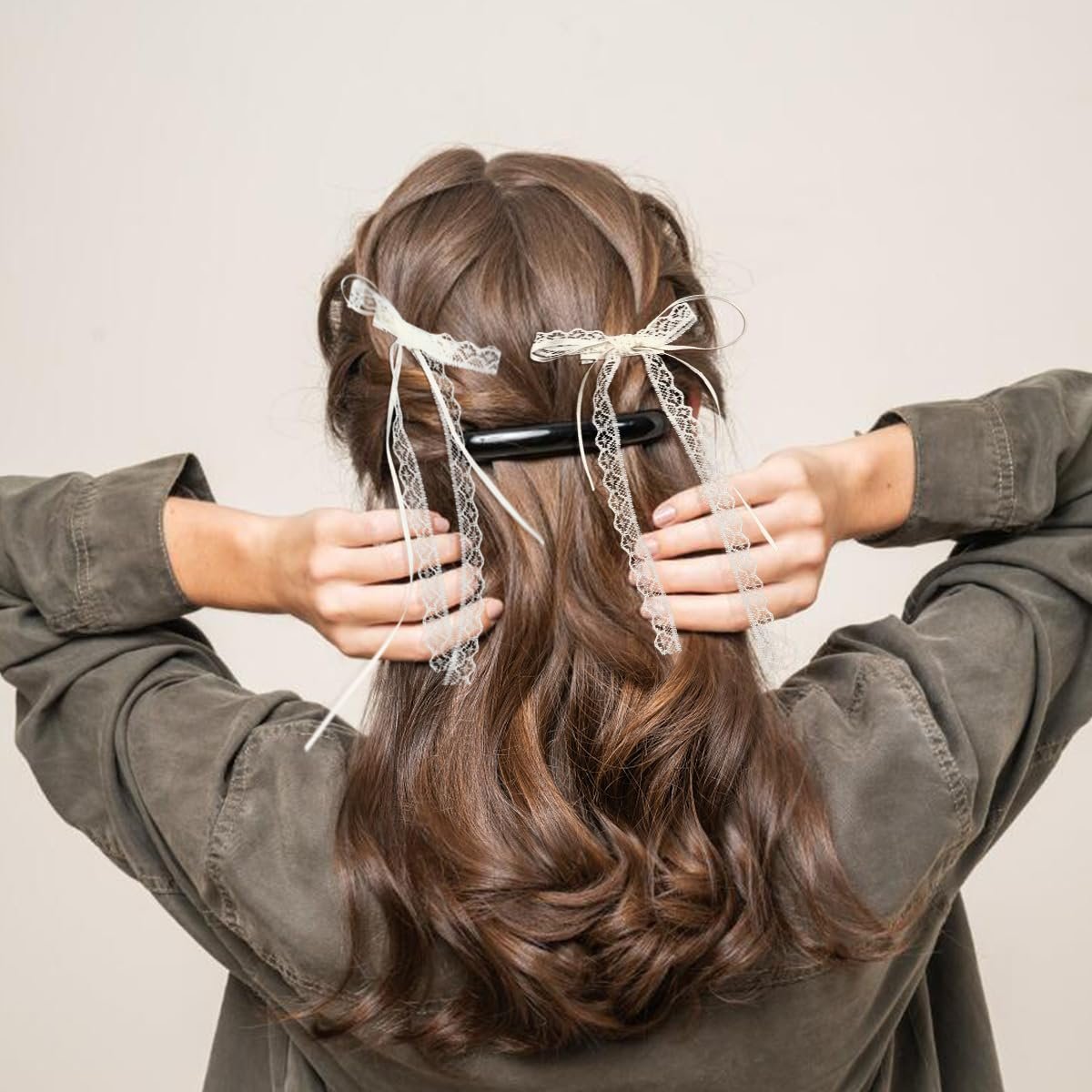 Elegant White Lace Hair Bow with Long Tail - Coquette Hair Ribbon for Women (Pair) - görsel 13