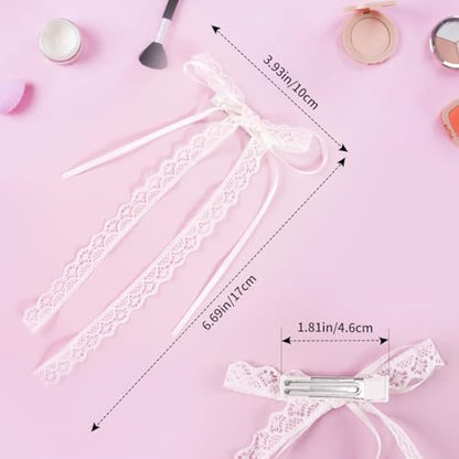 Elegant White Lace Hair Bow with Long Tail - Coquette Hair Ribbon for Women (Pair)