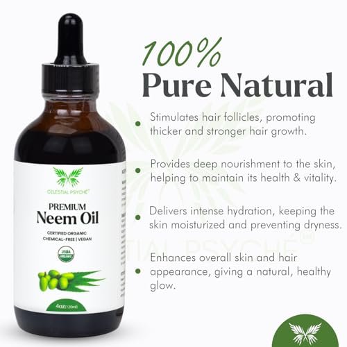 Celestial Psyché USDA Certified Organic Neem Oil (4 Oz) - 100% Pure Natural Oil for Hair Growth, Skin, Nails, Acne, and Anti-Aging Moisturizer - görsel 4