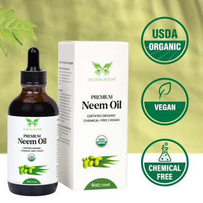 Celestial Psyché USDA Certified Organic Neem Oil (4 Oz) - 100% Pure Natural Oil for Hair Growth, Skin, Nails, Acne, and Anti-Aging Moisturizer