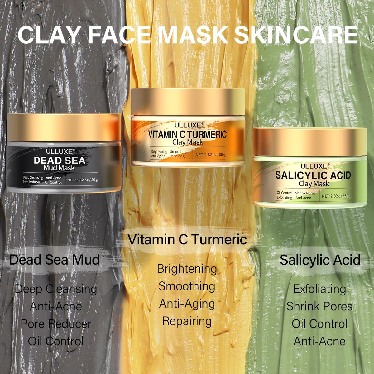 Vitamin C Turmeric Face Mask & Dead Sea Mud Mask Set with Salicylic Acid - Pore Cleansing, Brightening, Blackheads & Dark Spots - 3 Pack, 2.82 oz Each Avelisse