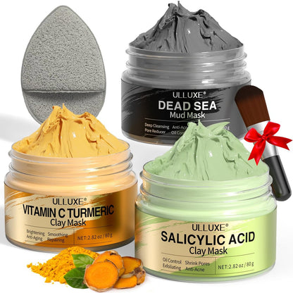 Vitamin C Turmeric Face Mask & Dead Sea Mud Mask Set with Salicylic Acid - Pore Cleansing, Brightening, Blackheads & Dark Spots - 3 Pack, 2.82 oz Each Avelisse