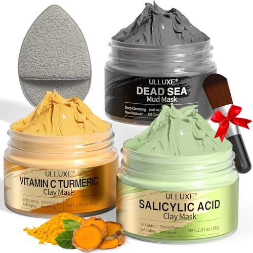Vitamin C Turmeric Face Mask & Dead Sea Mud Mask Set with Salicylic Acid - Pore Cleansing, Brightening, Blackheads & Dark Spots - 3 Pack, 2.82 oz Each Avelisse