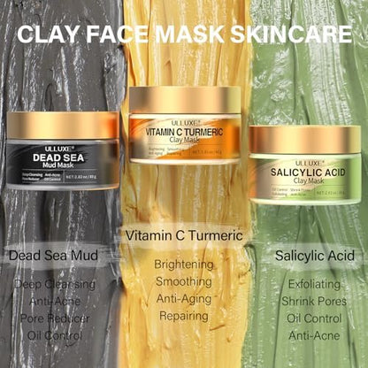 Vitamin C Turmeric Face Mask & Dead Sea Mud Mask Set with Salicylic Acid - Pore Cleansing, Brightening, Blackheads & Dark Spots - 3 Pack, 2.82 oz Each Avelisse