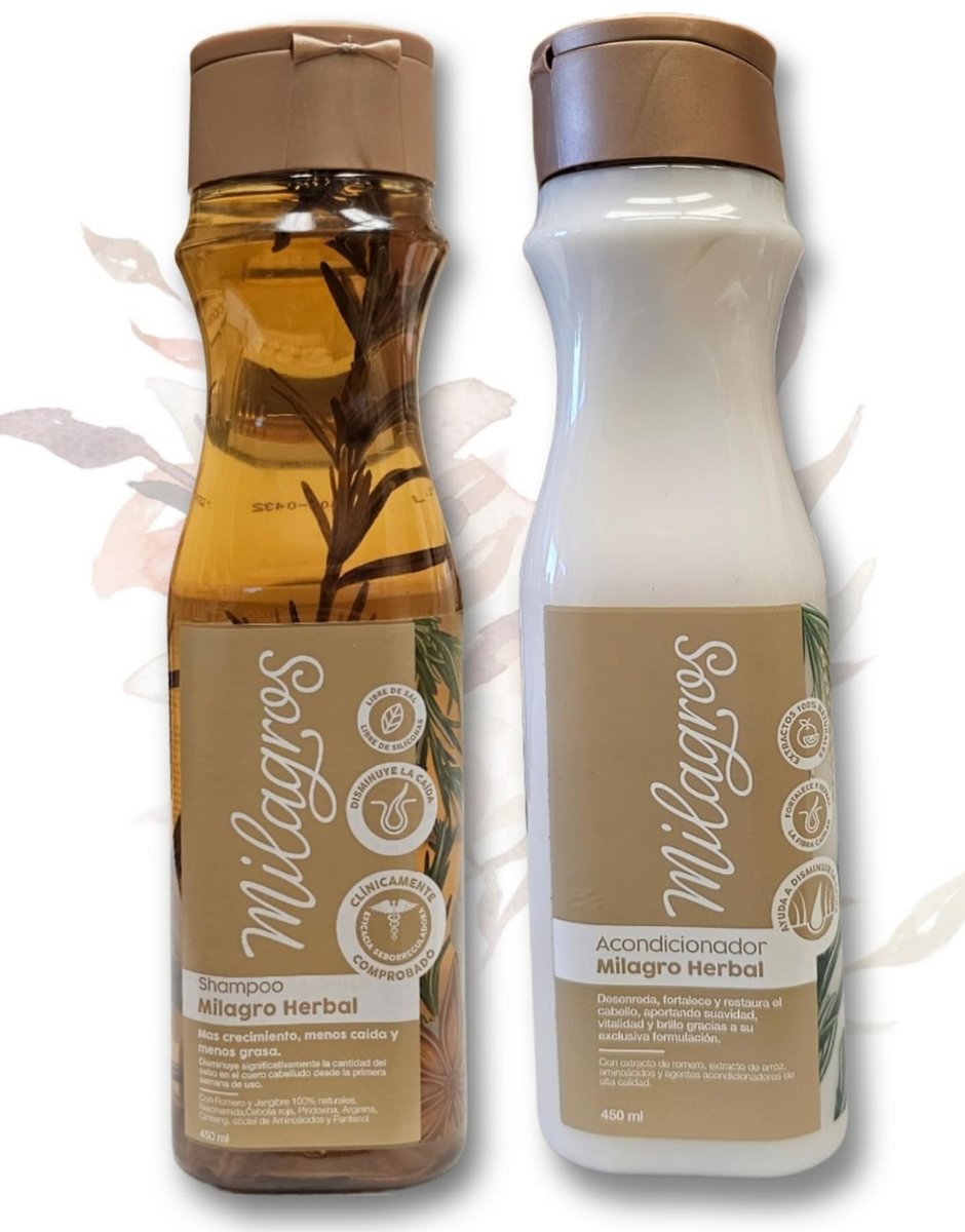 Milagros Herbal Shampoo and Conditioner Set - Rosemary, Ginger & Rice 100% Natural - Fights Hair Loss and Promotes Growth, 15 Fl Oz Each Avelisse