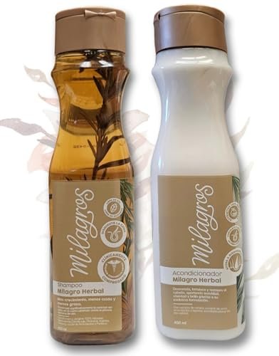 Milagros Herbal Shampoo and Conditioner Set - Rosemary, Ginger & Rice 100% Natural - Fights Hair Loss and Promotes Growth, 15 Fl Oz Each Avelisse