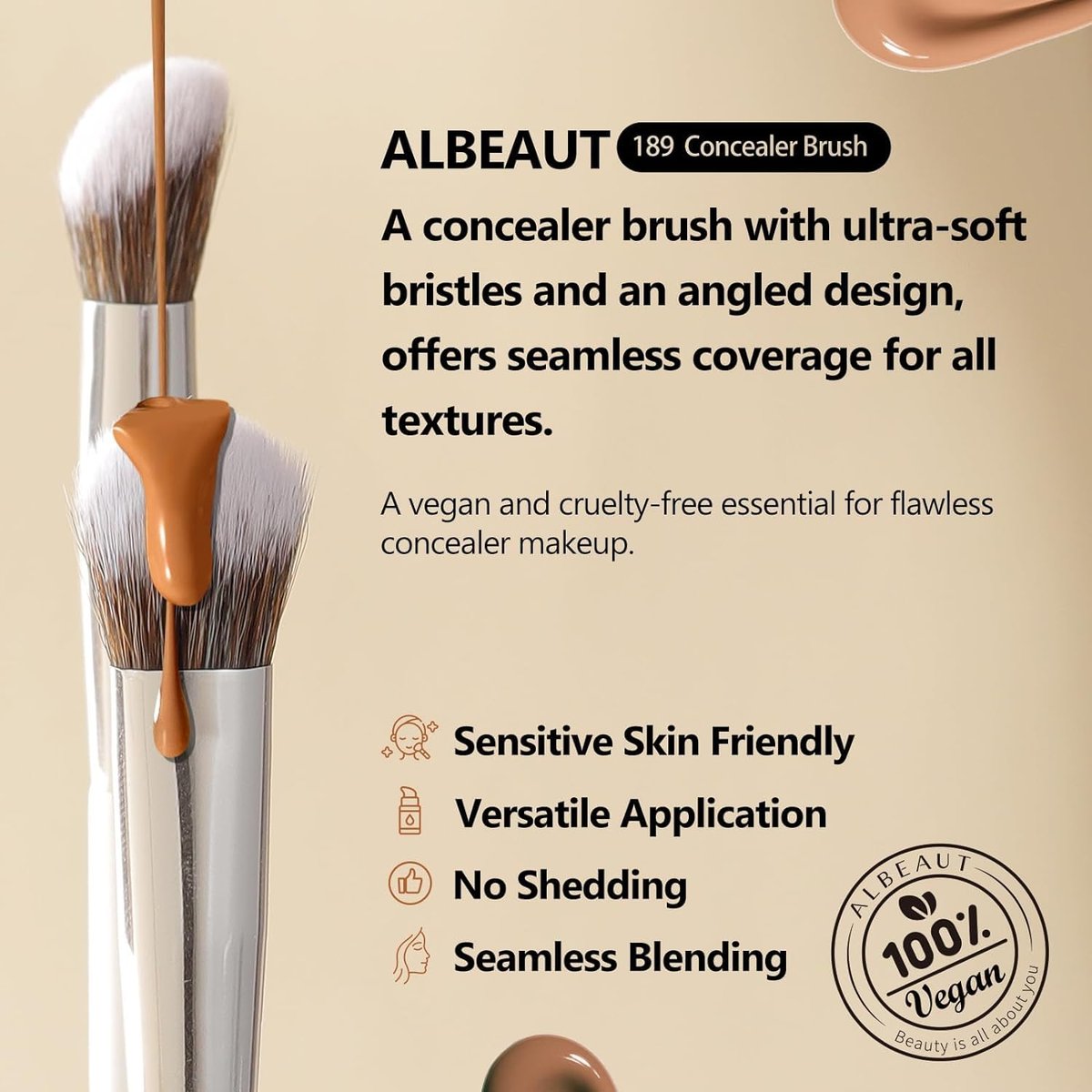 ALBEAUT Foundation Concealer Makeup Brush Set - Soft Big Angled Face Brushes for Liquid, Cream, Stick Products - Bronzer Contour Nose Eyeshadow Blending (White, Wood Handle) - görsel 9