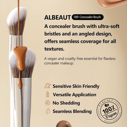 ALBEAUT Foundation Concealer Makeup Brush Set - Soft Big Angled Face Brushes for Liquid, Cream, Stick Products - Bronzer Contour Nose Eyeshadow Blending (White, Wood Handle)