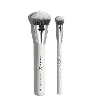 ALBEAUT Foundation Concealer Makeup Brush Set - Soft Big Angled Face Brushes for Liquid, Cream, Stick Products - Bronzer Contour Nose Eyeshadow Blending (White, Wood Handle)