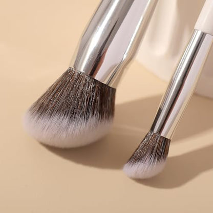 ALBEAUT Foundation Concealer Makeup Brush Set - Soft Big Angled Face Brushes for Liquid, Cream, Stick Products - Bronzer Contour Nose Eyeshadow Blending (White, Wood Handle)