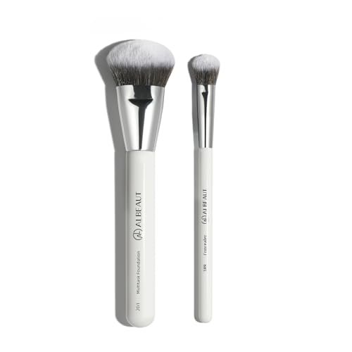 ALBEAUT Foundation Concealer Makeup Brush Set - Soft Big Angled Face Brushes for Liquid, Cream, Stick Products - Bronzer Contour Nose Eyeshadow Blending (White, Wood Handle) - görsel 2