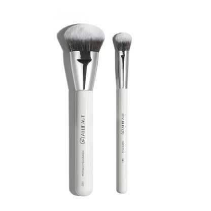 ALBEAUT Foundation Concealer Makeup Brush Set - Soft Big Angled Face Brushes for Liquid, Cream, Stick Products - Bronzer Contour Nose Eyeshadow Blending (White, Wood Handle)