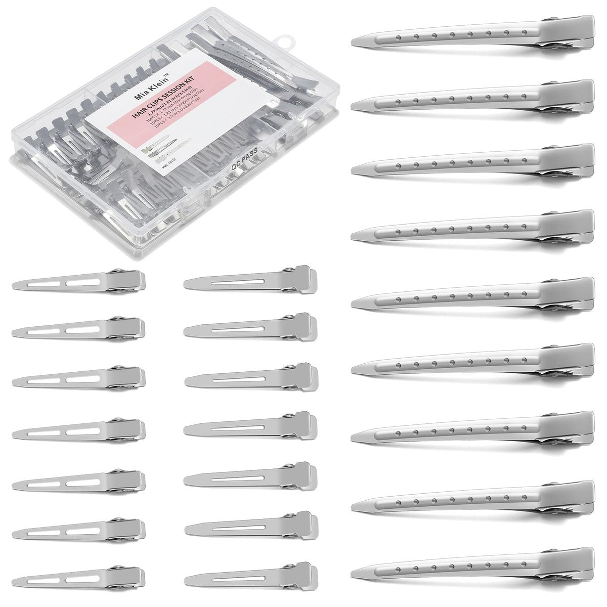 Mia Klein 60-Piece Metal Hair Clips Set – Silver Duckbill Clips in 3 Sizes with Storage Box for Styling, Roller Setting, Salon & DIY Crafts - görsel 1