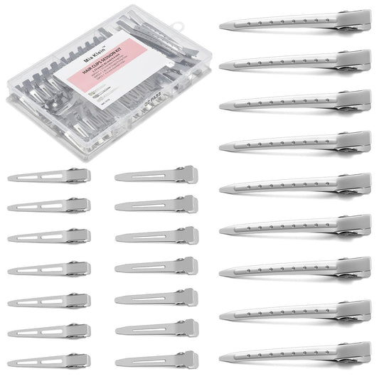 Mia Klein 60-Piece Metal Hair Clips Set – Silver Duckbill Clips in 3 Sizes with Storage Box for Styling, Roller Setting, Salon & DIY Crafts