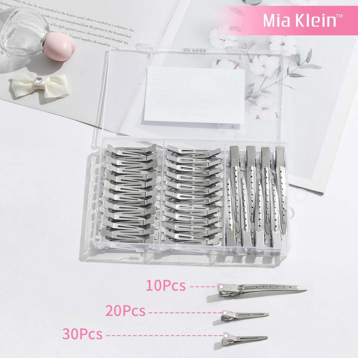 Mia Klein 60-Piece Metal Hair Clips Set – Silver Duckbill Clips in 3 Sizes with Storage Box for Styling, Roller Setting, Salon & DIY Crafts - görsel 9