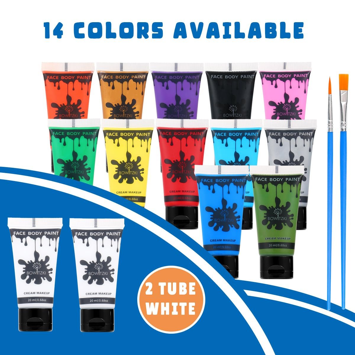Bowitzki 14 Colors Face & Body Paint Set – Cream Makeup 20ml Each, Water Based for Halloween, Christmas, Stage & Cosplay (0.7 oz) Avelisse