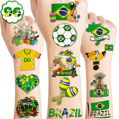 96 PCS Brazil Brazilian Pre-Cut Temporary Tattoos - Themed Birthday Party Supplies, Soccer Carnival Tattoo Stickers for Kids & Adults